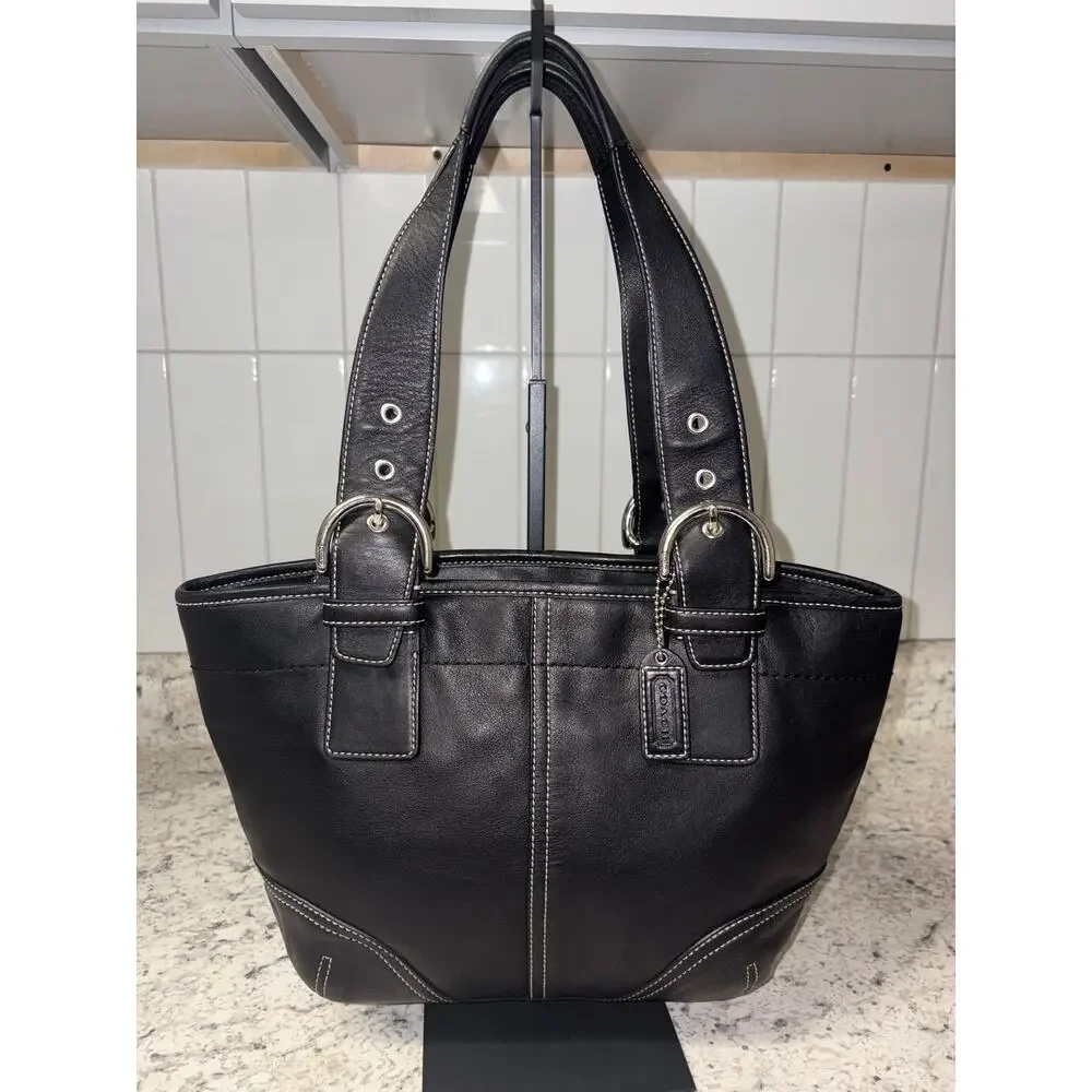 Y2K Vintage Coach Black Leather Tote Cream Stitch Hangtag 9544